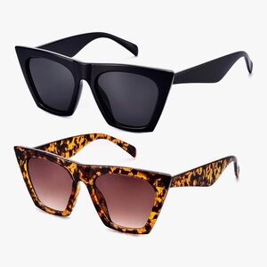 2 Pack Square Cat Eye Stylish Black and Tortoise Shell Sunglasses